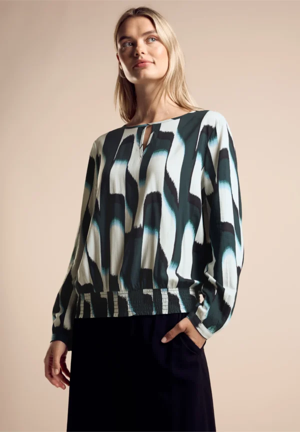 Printed Roundneck Blouse with Cutout Hunter Green Street One