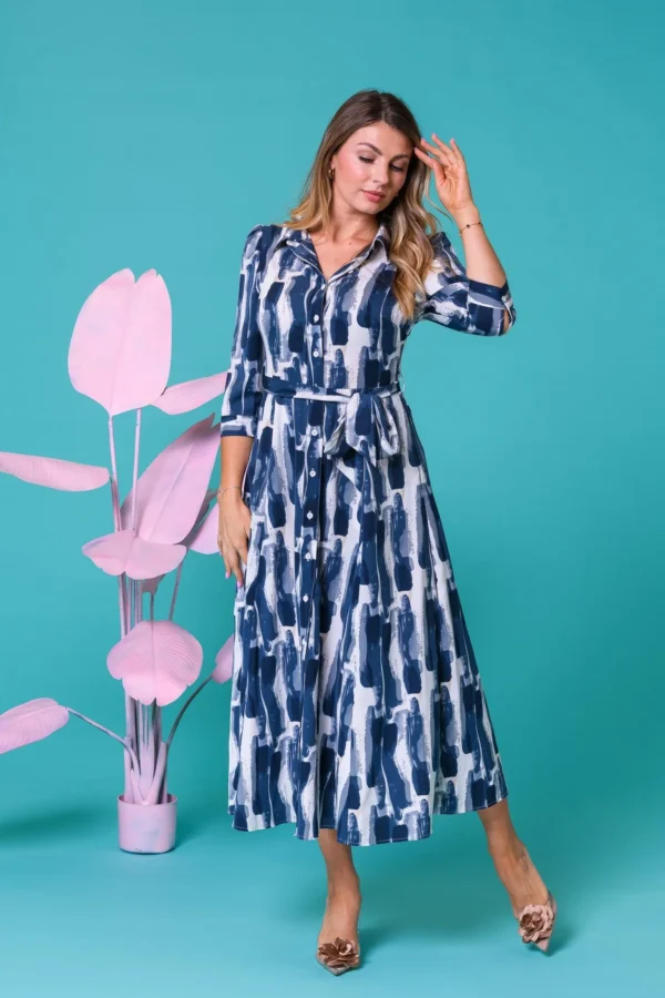 Block Print Maxi Shirt Dress Blue Paco