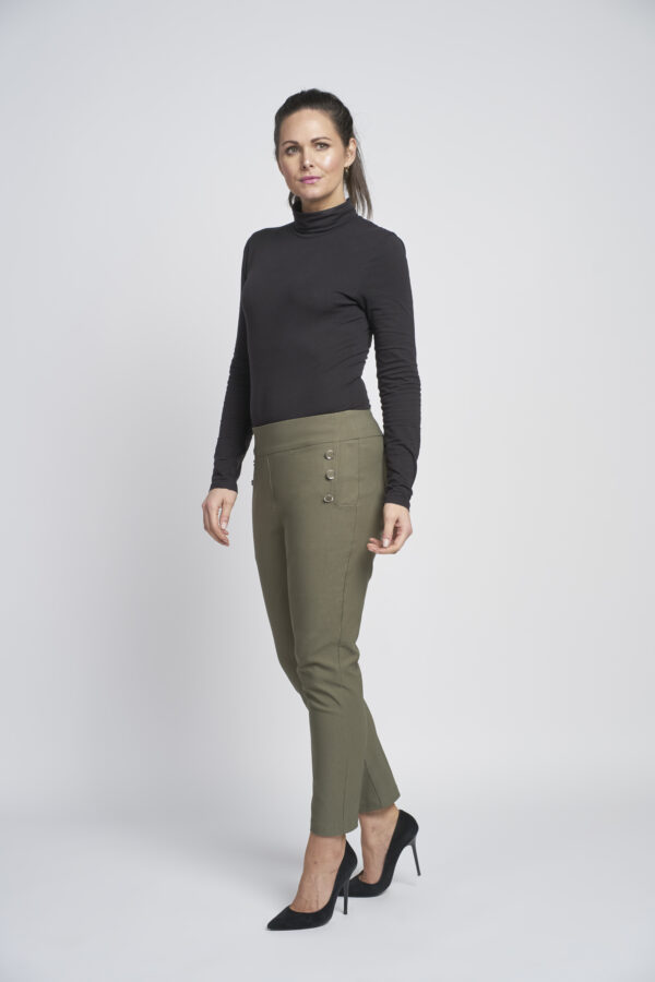 Figure Sculpting Bengaline Ankle Grazer with Tummy Control and Pocket Button Feature Khaki Pinns