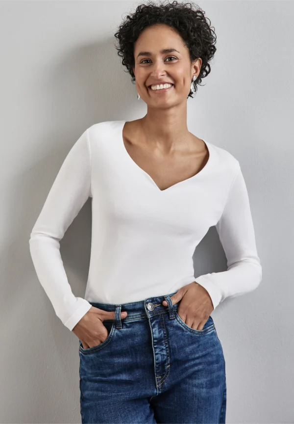 Heart Neckline Long Sleeve Top Off White Street One