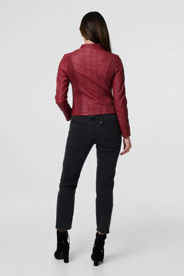 Elastic Panel Leather Jacket Burgundy Paco - Image 2