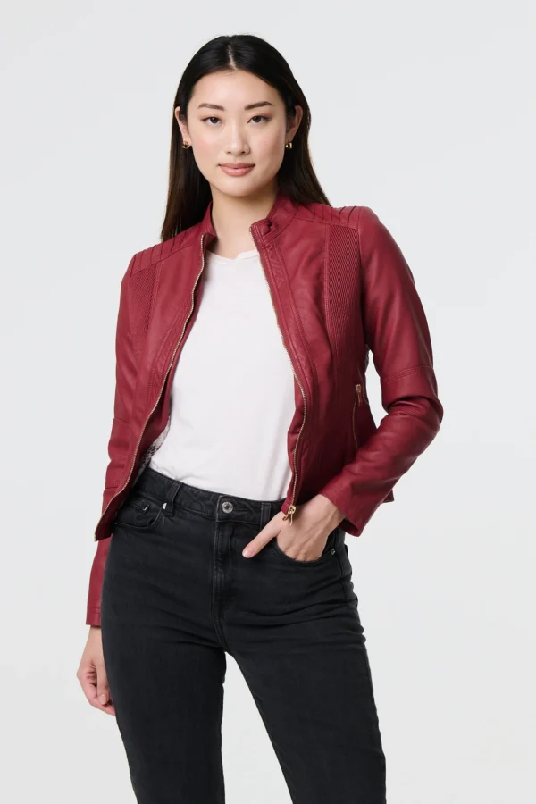 Elastic Panel Leather Jacket Burgundy Paco