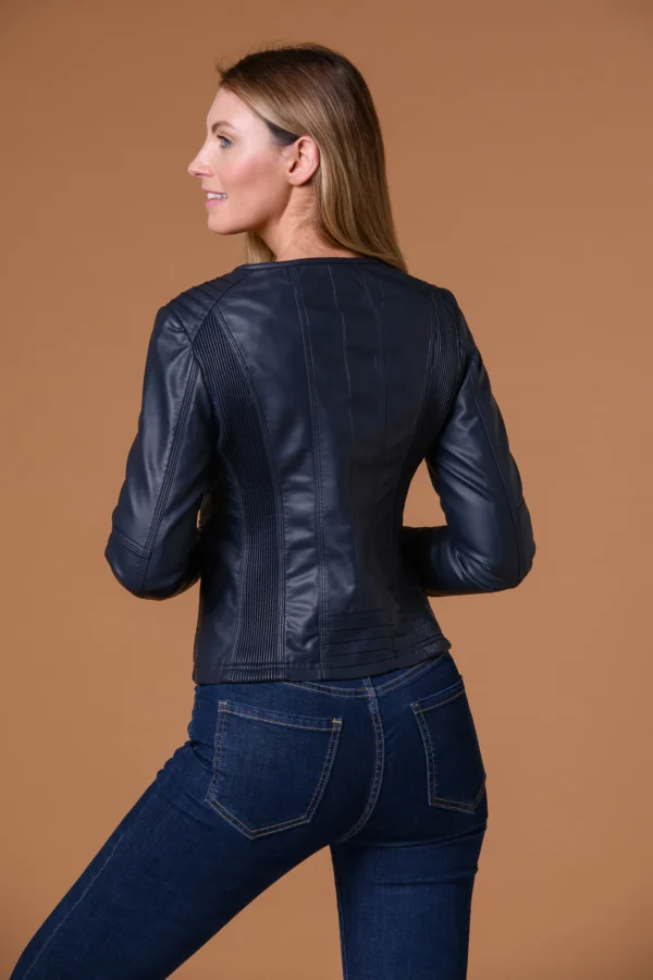 Elastic Panel Leather Jacket Navy Paco - Image 2