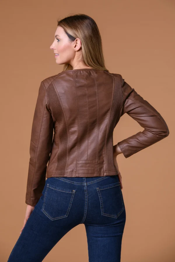 Elastic Panel Leather Jacket Tan Paco - Image 2